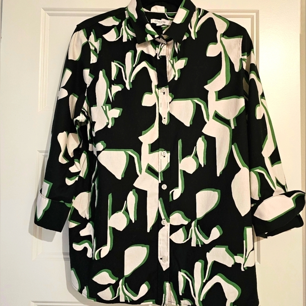 Chico's Stretch Floral 3/4 Sleeve Shirt sz 2/medium
